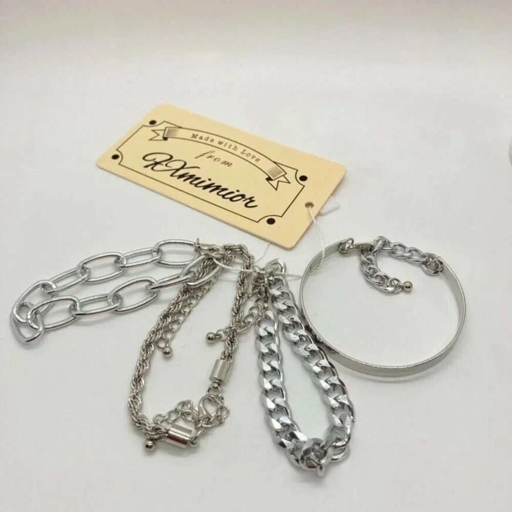 Xmimior Silver Tone Multi-Layer Bracelet Set Fashion Chain‎ & Bangle Cuff NEW